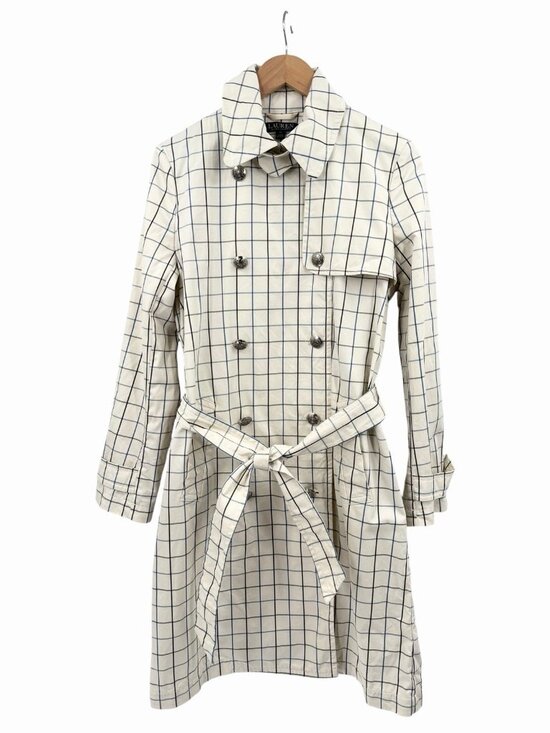 Lauren Ralph Lauren Jackets & Blazers - LAUREN RALPH LAUREN Women's Ivory Blue Plaid Double Breasted Belted Trench Coat
